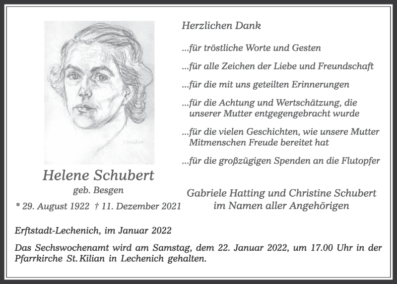  Traueranzeige für Helene Schubert vom 14.01.2022 aus  Werbepost 