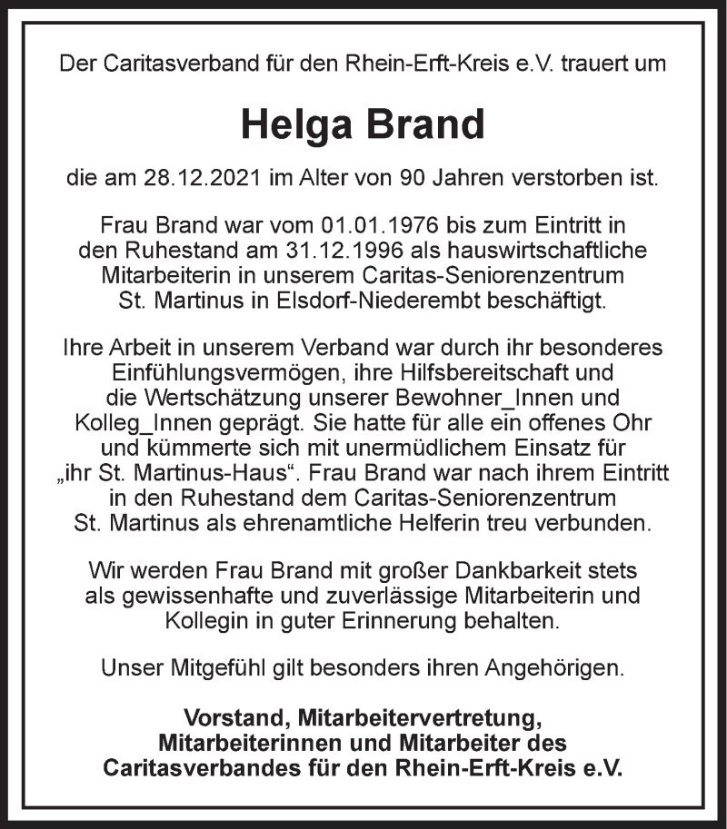  Traueranzeige für Helga Brand vom 14.01.2022 aus  Werbepost 