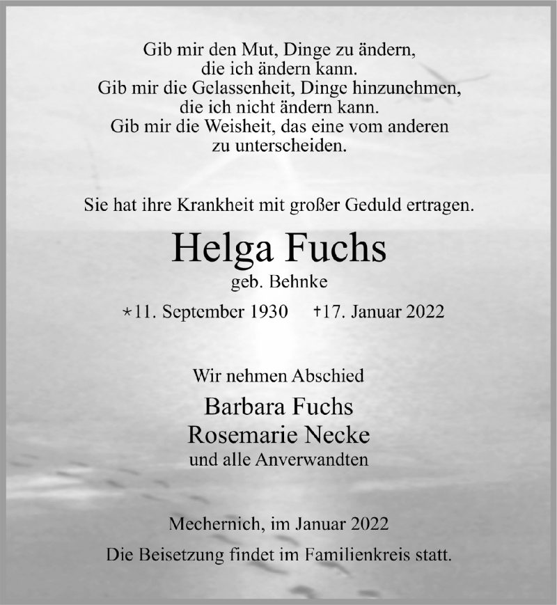  Traueranzeige für Helga Fuchs vom 22.01.2022 aus  Blickpunkt Euskirchen 