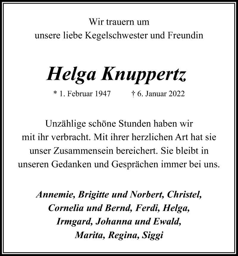  Traueranzeige für Helga Knuppertz vom 22.01.2022 aus Kölner Stadt-Anzeiger / Kölnische Rundschau / Express