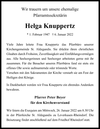 Anzeige von Helga Knuppertz von Kölner Stadt-Anzeiger / Kölnische Rundschau / Express