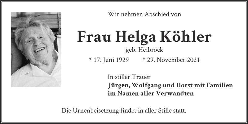  Traueranzeige für Helga Köhler vom 07.01.2022 aus  Schlossbote/Werbekurier 