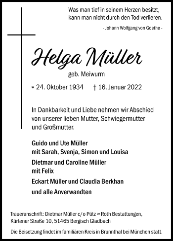 Anzeige von Helga Müller von Kölner Stadt-Anzeiger / Kölnische Rundschau / Express