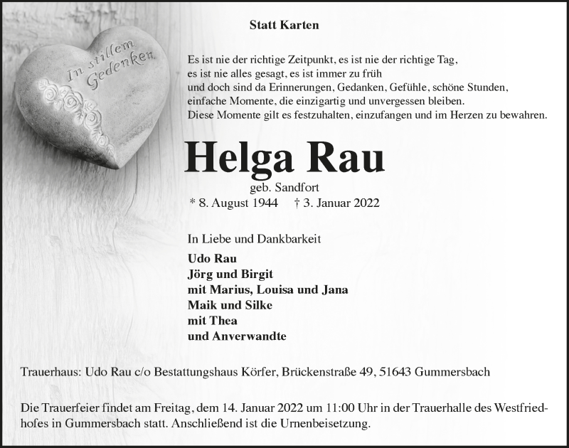  Traueranzeige für Helga Rau vom 07.01.2022 aus  Anzeigen Echo 