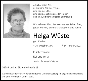 Anzeige von Helga Wüste von Kölner Stadt-Anzeiger / Kölnische Rundschau / Express