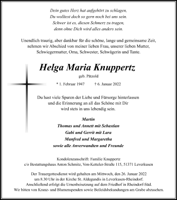 Anzeige von Helga Maria Knuppertz von Kölner Stadt-Anzeiger / Kölnische Rundschau / Express