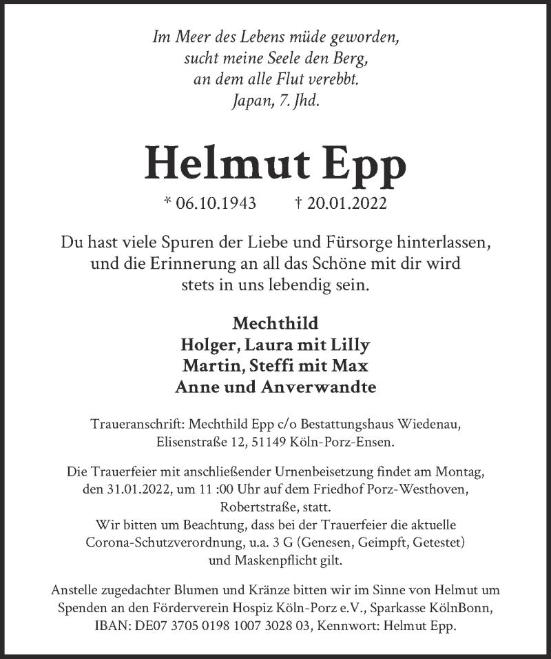  Traueranzeige für Helmut Epp vom 28.01.2022 aus  Kölner Wochenspiegel 