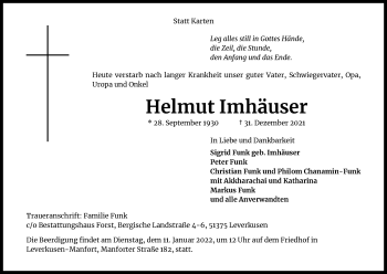 Anzeige von Helmut Imhäuser von Kölner Stadt-Anzeiger / Kölnische Rundschau / Express