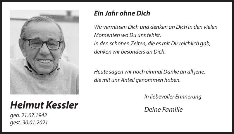  Traueranzeige für Helmut Kessler vom 29.01.2022 aus  Blickpunkt Euskirchen 