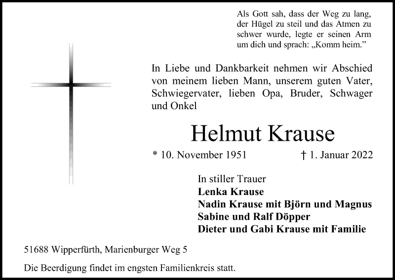  Traueranzeige für Helmut Krause vom 08.01.2022 aus Kölner Stadt-Anzeiger / Kölnische Rundschau / Express