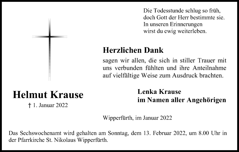  Traueranzeige für Helmut Krause vom 29.01.2022 aus Kölner Stadt-Anzeiger / Kölnische Rundschau / Express