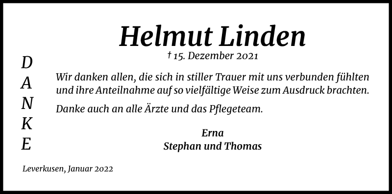  Traueranzeige für Helmut Linden vom 08.01.2022 aus Kölner Stadt-Anzeiger / Kölnische Rundschau / Express