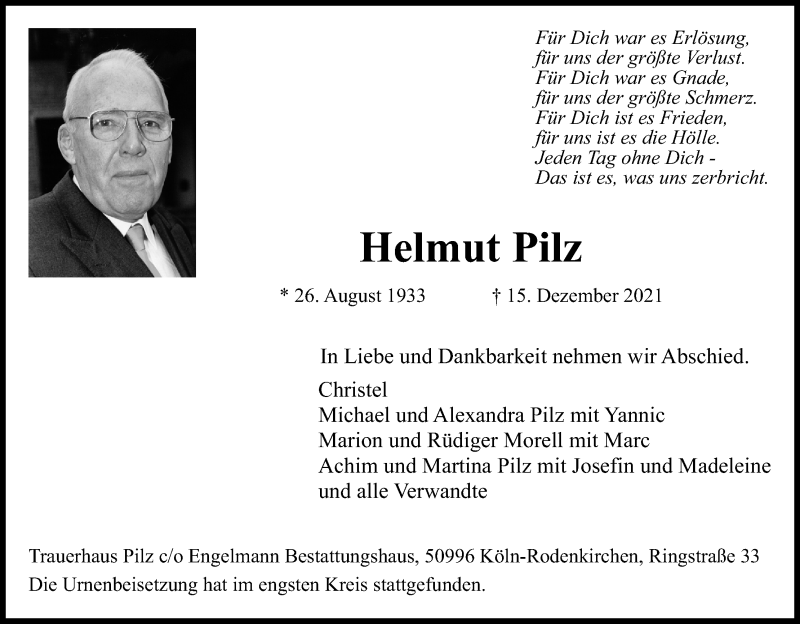  Traueranzeige für Helmut Pilz vom 15.01.2022 aus Kölner Stadt-Anzeiger / Kölnische Rundschau / Express