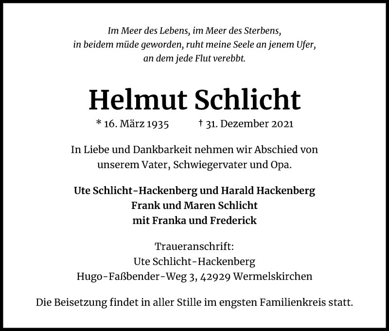  Traueranzeige für Helmut Schlicht vom 08.01.2022 aus Kölner Stadt-Anzeiger / Kölnische Rundschau / Express