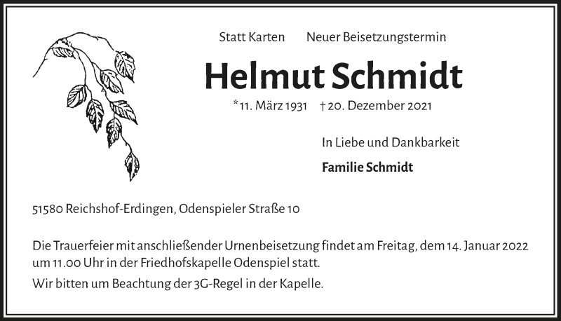  Traueranzeige für Helmut Schmidt vom 07.01.2022 aus  Lokalanzeiger 