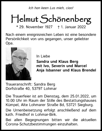Anzeige von Helmut Schönenberg von Kölner Stadt-Anzeiger / Kölnische Rundschau / Express