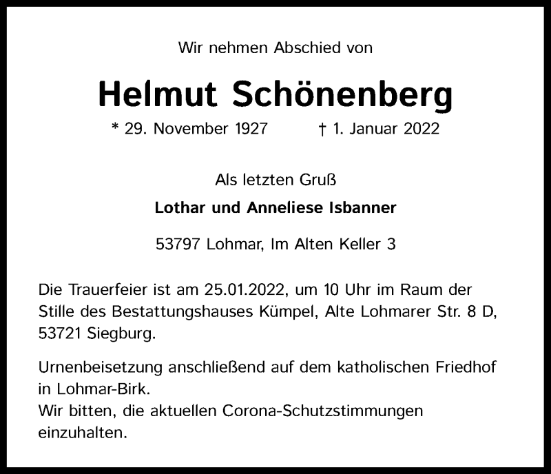  Traueranzeige für Helmut Schönenberg vom 12.01.2022 aus Kölner Stadt-Anzeiger / Kölnische Rundschau / Express