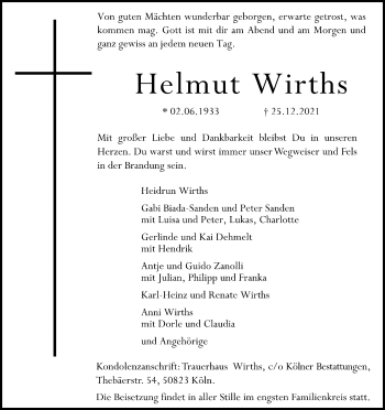 Anzeige von Helmut Wirths von Kölner Stadt-Anzeiger / Kölnische Rundschau / Express