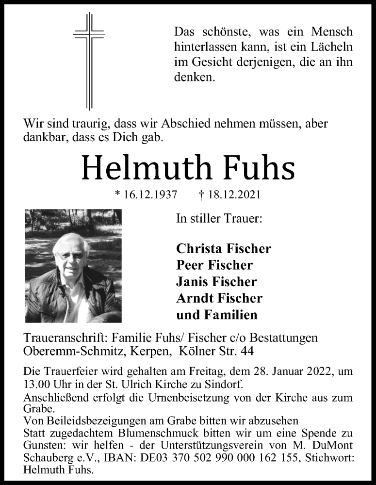  Traueranzeige für Helmuth Fuhs vom 22.01.2022 aus Kölner Stadt-Anzeiger / Kölnische Rundschau / Express