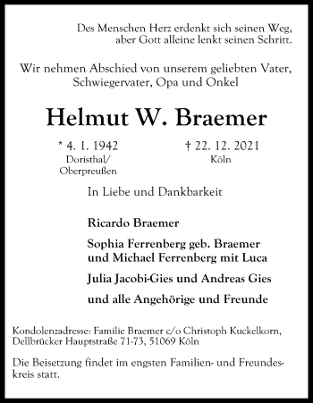 Anzeige von Helmut W. Braemer von Kölner Stadt-Anzeiger / Kölnische Rundschau / Express
