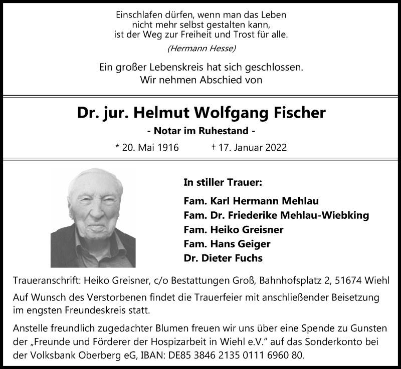  Traueranzeige für Helmut Wolfgang Fischer vom 22.01.2022 aus Kölner Stadt-Anzeiger / Kölnische Rundschau / Express