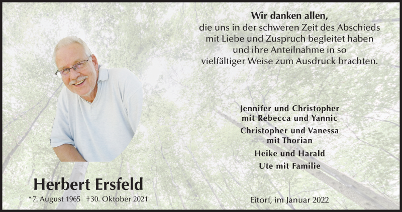  Traueranzeige für Herbert Ersfeld vom 22.01.2022 aus Kölner Stadt-Anzeiger / Kölnische Rundschau / Express
