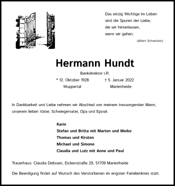 Anzeige von Hermann Hundt von Kölner Stadt-Anzeiger / Kölnische Rundschau / Express