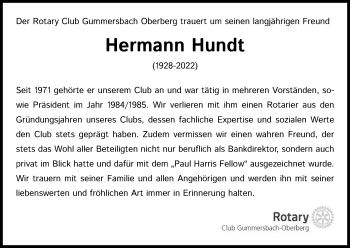 Anzeige von Hermann Hundt von Kölner Stadt-Anzeiger / Kölnische Rundschau / Express
