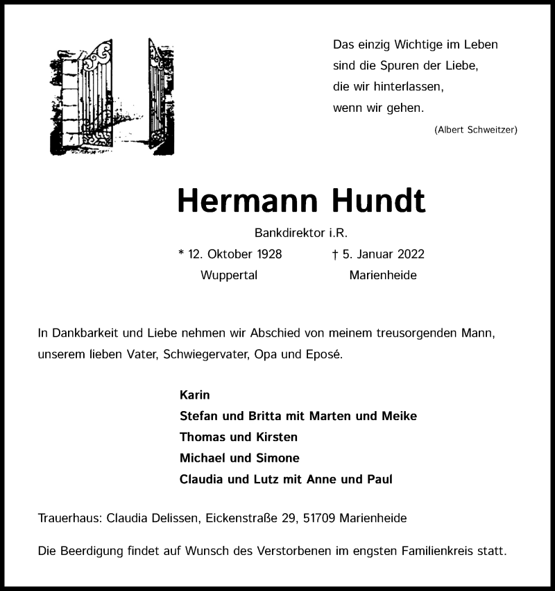  Traueranzeige für Hermann Hundt vom 08.01.2022 aus Kölner Stadt-Anzeiger / Kölnische Rundschau / Express
