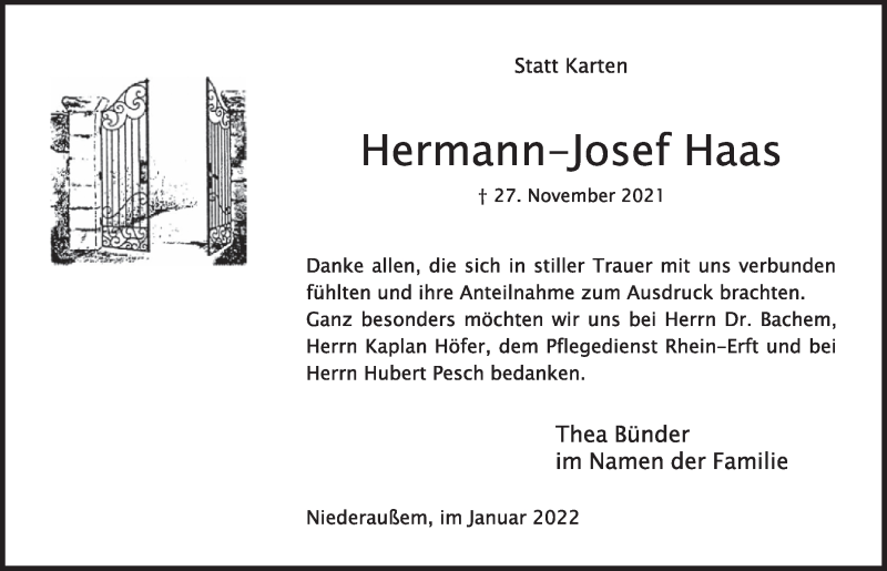  Traueranzeige für Hermann-Josef Haas vom 14.01.2022 aus  Werbepost 