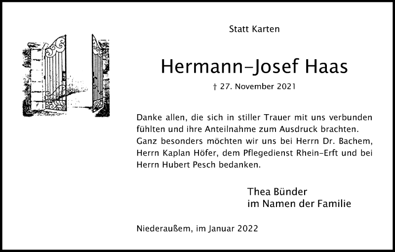  Traueranzeige für Hermann-Josef Haas vom 15.01.2022 aus Kölner Stadt-Anzeiger / Kölnische Rundschau / Express