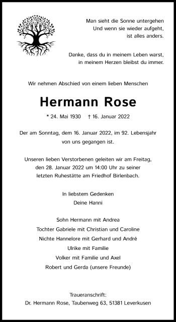 Anzeige von Hermann Rose von Kölner Stadt-Anzeiger / Kölnische Rundschau / Express