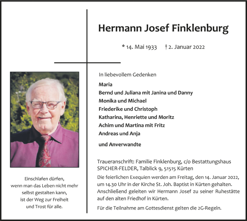 Traueranzeige für Hermann Josef Finklenburg vom 07.01.2022 aus  Bergisches Handelsblatt 