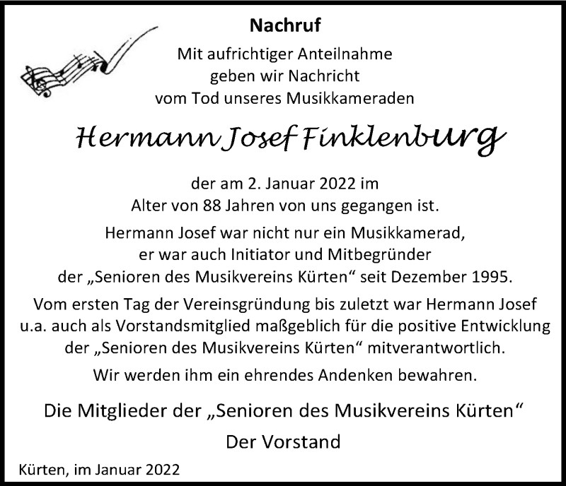  Traueranzeige für Hermann Josef Finklenburg vom 15.01.2022 aus Kölner Stadt-Anzeiger / Kölnische Rundschau / Express