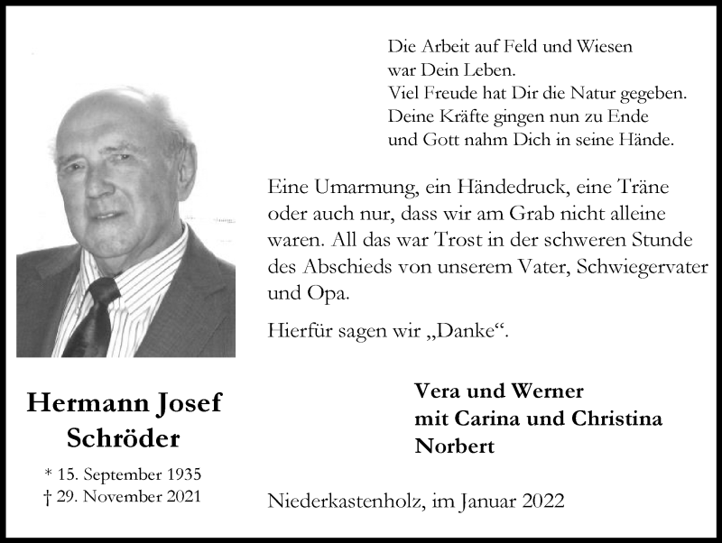  Traueranzeige für Hermann Josef Schröder vom 15.01.2022 aus  Blickpunkt Euskirchen 