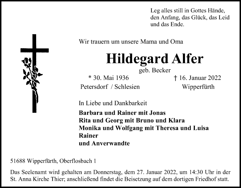  Traueranzeige für Hildegard Alfer vom 22.01.2022 aus Kölner Stadt-Anzeiger / Kölnische Rundschau / Express