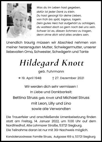Anzeige von Hildegard Knott von Kölner Stadt-Anzeiger / Kölnische Rundschau / Express
