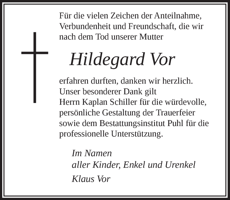  Traueranzeige für Hildegard Vor vom 21.01.2022 aus  Lokalanzeiger 