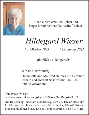 Anzeige von Hildegard Wieser von Kölner Stadt-Anzeiger / Kölnische Rundschau / Express