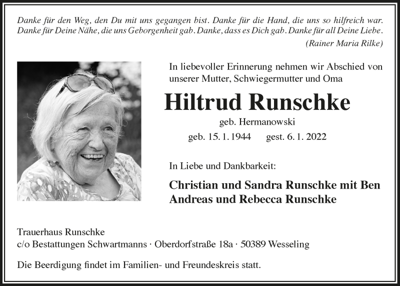  Traueranzeige für Hiltrud Runschke vom 14.01.2022 aus  Schlossbote/Werbekurier 