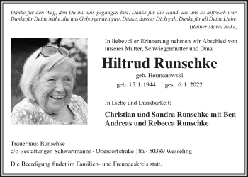 Anzeige von Hiltrud Runschke von  Schlossbote/Werbekurier 