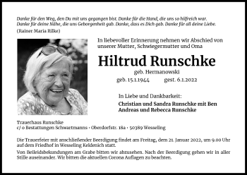 Anzeige von Hiltrud Runschke von Kölner Stadt-Anzeiger / Kölnische Rundschau / Express