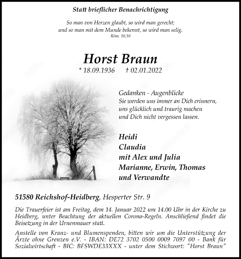  Traueranzeige für Horst Braun vom 07.01.2022 aus  Anzeigen Echo  Lokalanzeiger 