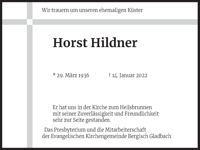  Traueranzeige für Horst Hildner vom 28.01.2022 aus Kölner Stadt-Anzeiger / Kölnische Rundschau / Express