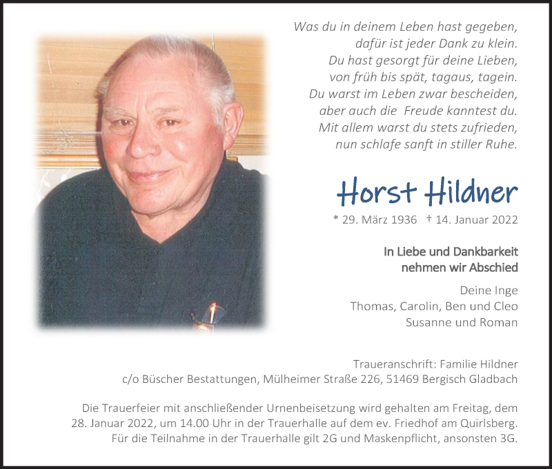  Traueranzeige für Horst Hildner vom 22.01.2022 aus Kölner Stadt-Anzeiger / Kölnische Rundschau / Express