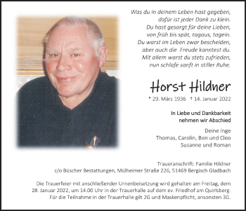 Anzeige von Horst Hildner von  Bergisches Handelsblatt 