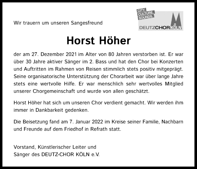  Traueranzeige für Horst Höher vom 10.01.2022 aus Kölner Stadt-Anzeiger / Kölnische Rundschau / Express