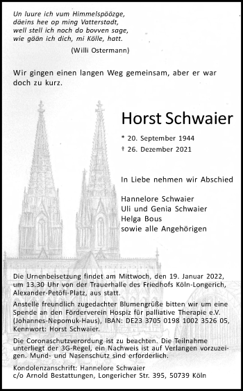 Anzeige von Horst Schwaier von Kölner Stadt-Anzeiger / Kölnische Rundschau / Express