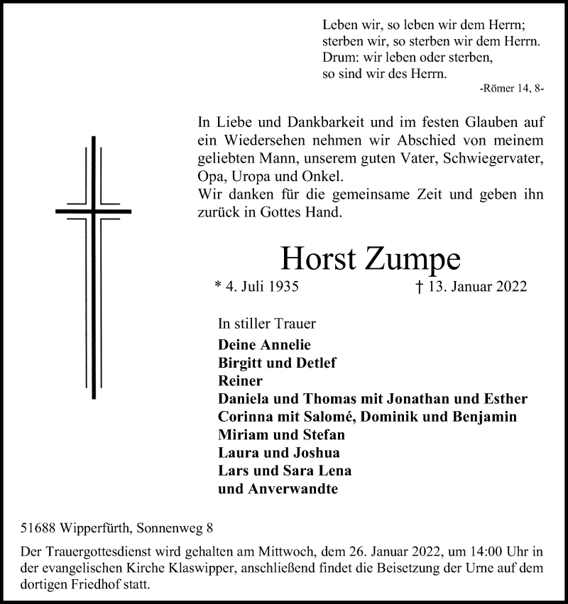  Traueranzeige für Horst Zumpe vom 22.01.2022 aus Kölner Stadt-Anzeiger / Kölnische Rundschau / Express