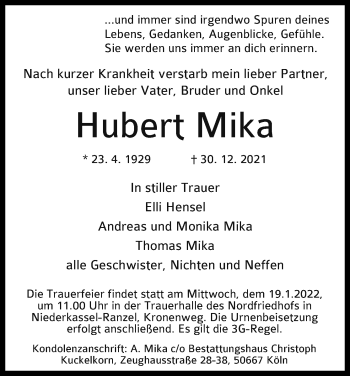 Anzeige von Hubert Mika von Kölner Stadt-Anzeiger / Kölnische Rundschau / Express